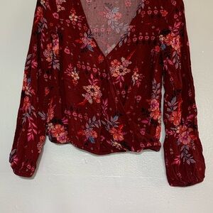Mudd Burgundy Floral Wrap Blouse